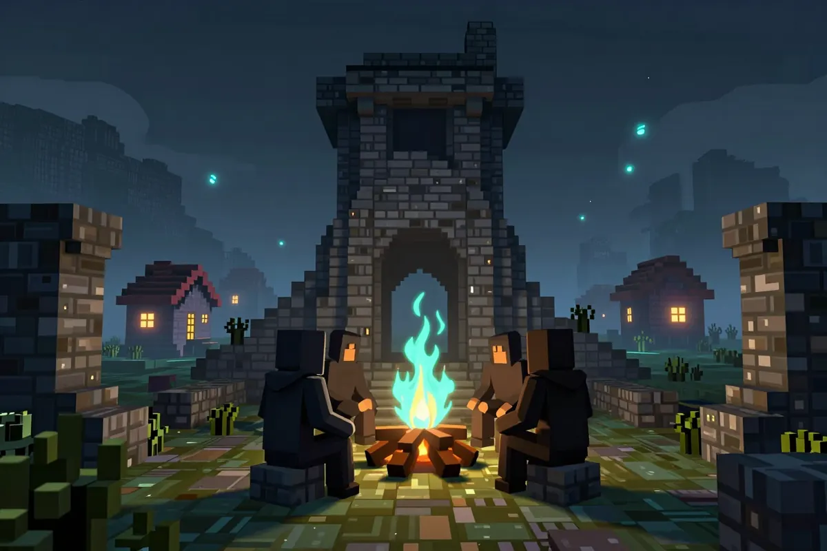 Quatre silhouettes encapuchonnées assises autour d'un feu aux flammes bleues, au pied d'une tour en ruine faite de blocs.