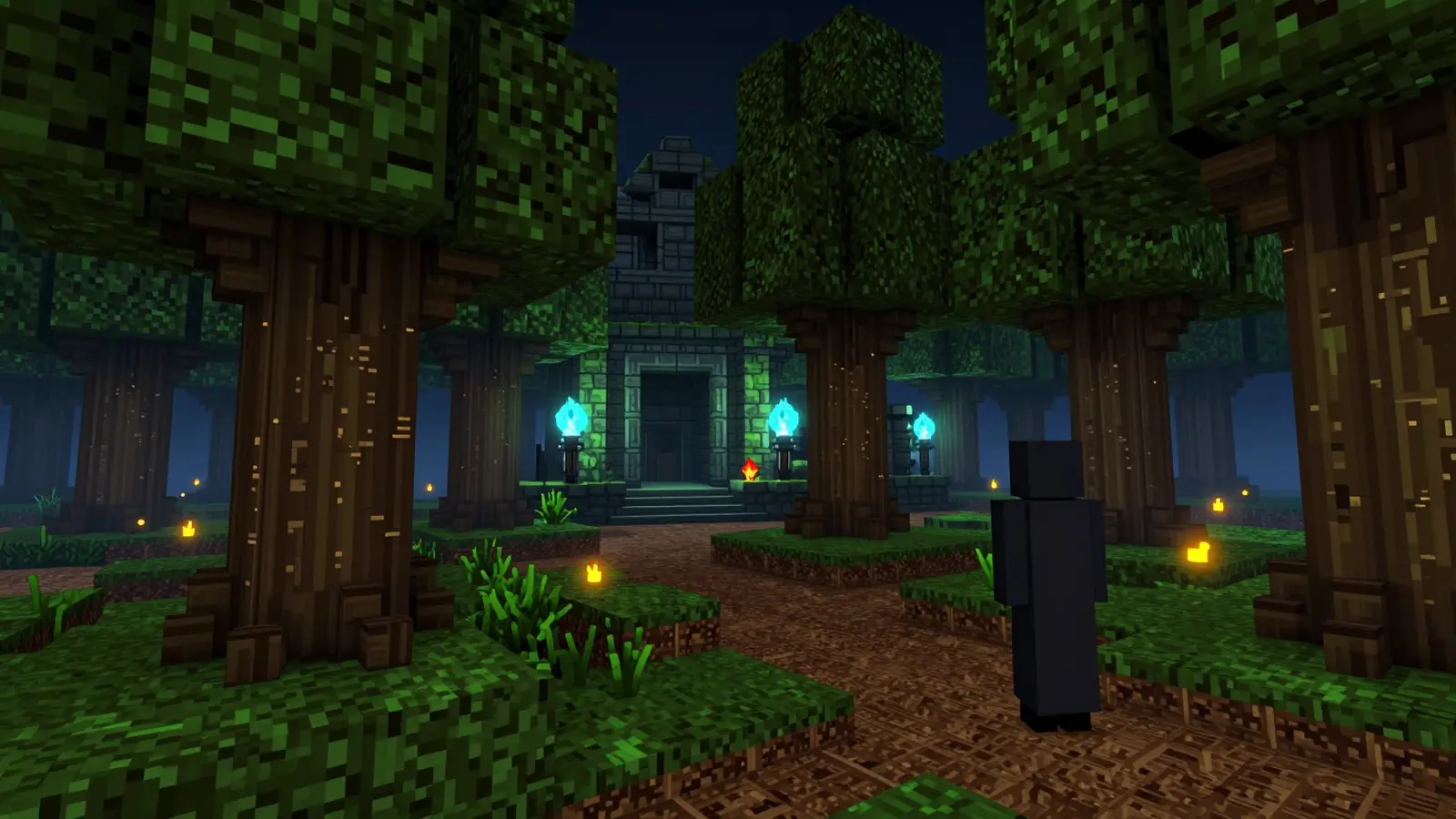 Une forêt de chênes noirs en blocs, la nuit, avec un temple de pierre moussue éclairé de torches bleues.
