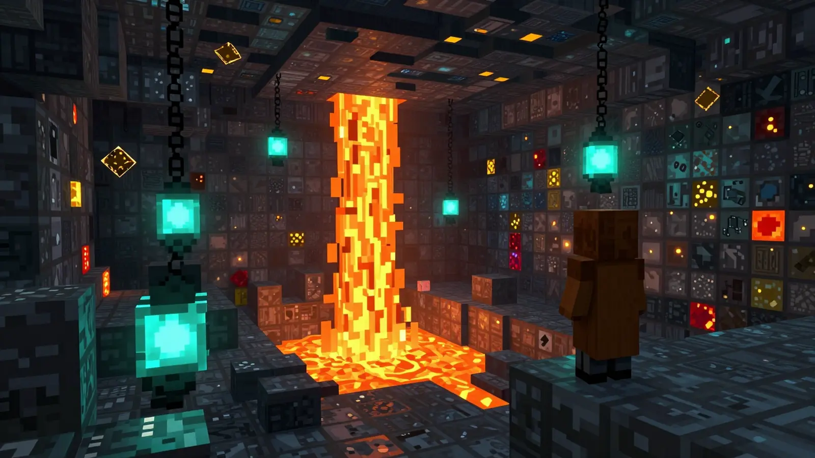 Une grande grotte de pierre veinée de minerais, une chute de lave orange et des lanternes aux flammes bleues suspendues à des chaînes.