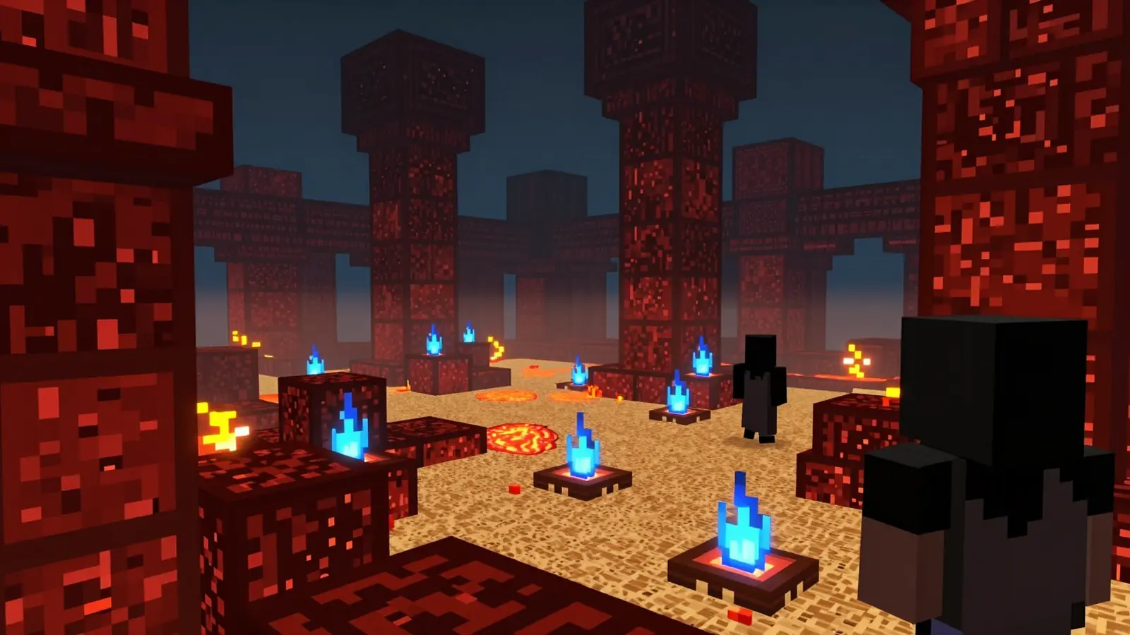 Le Nether : piliers de netherrack, sol de sable des âmes et flammes bleues, une silhouette en cape au loin.